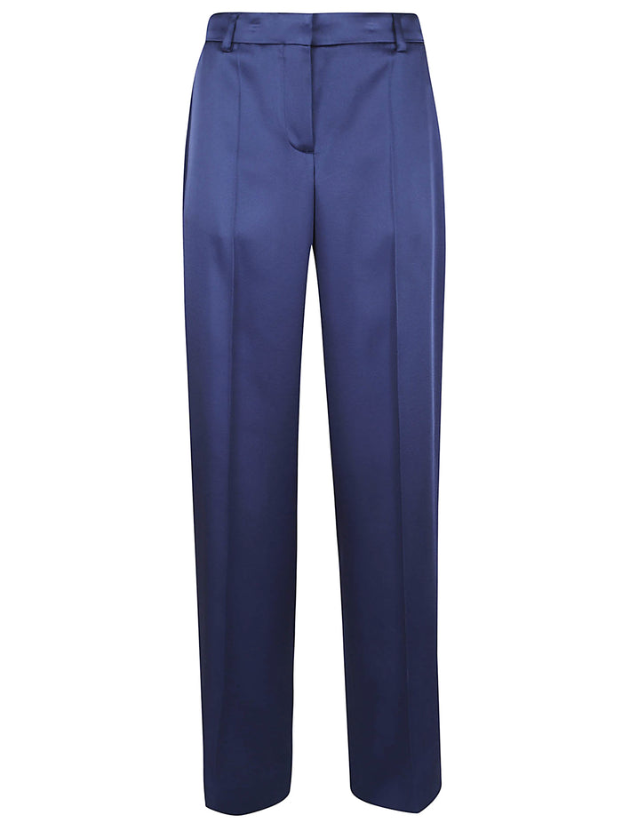 Satin Dropped Waist Straight Wide Leg Blue Acetate Pantaloni