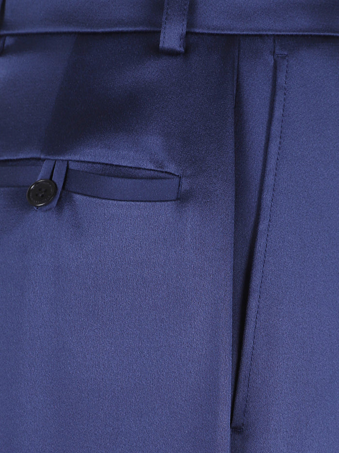Satin Dropped Waist Straight Wide Leg Blue Acetate Pantaloni