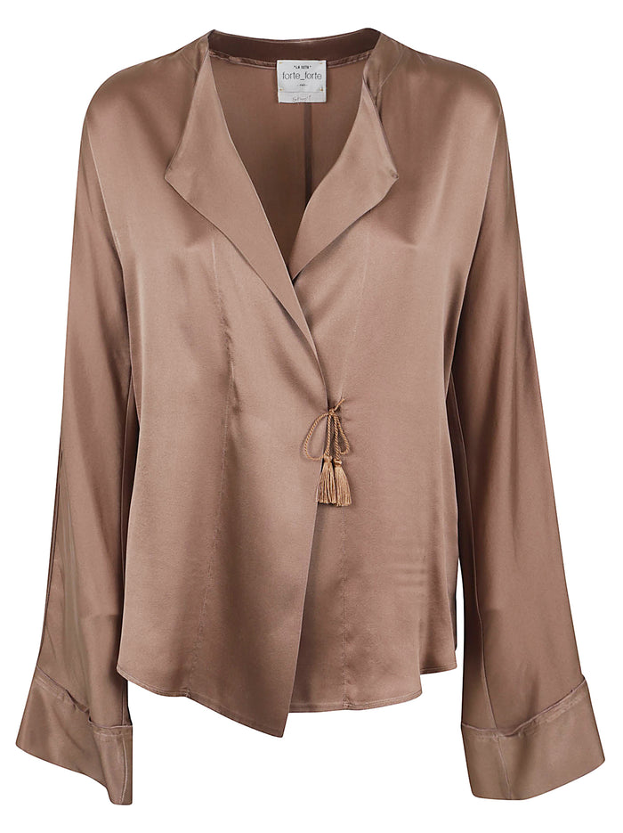 Shiny Stretch Silk Satin Crossed Shirt Brown Se Ea Camicia