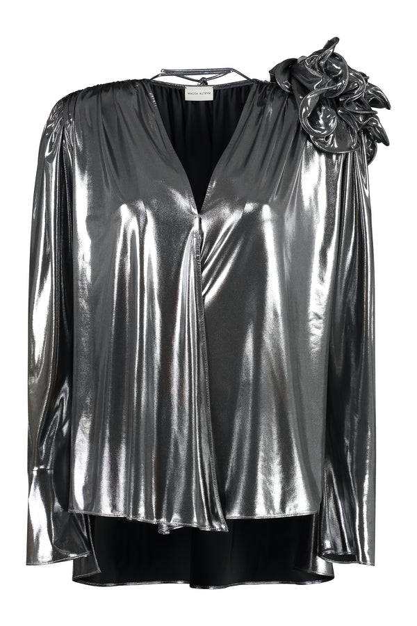 Ruffled Bow-Back Blouse Silver Polyester Blouses