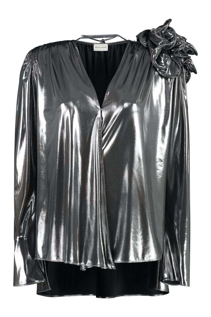 Ruffled Bow-Back Blouse Silver Polyester Blouses