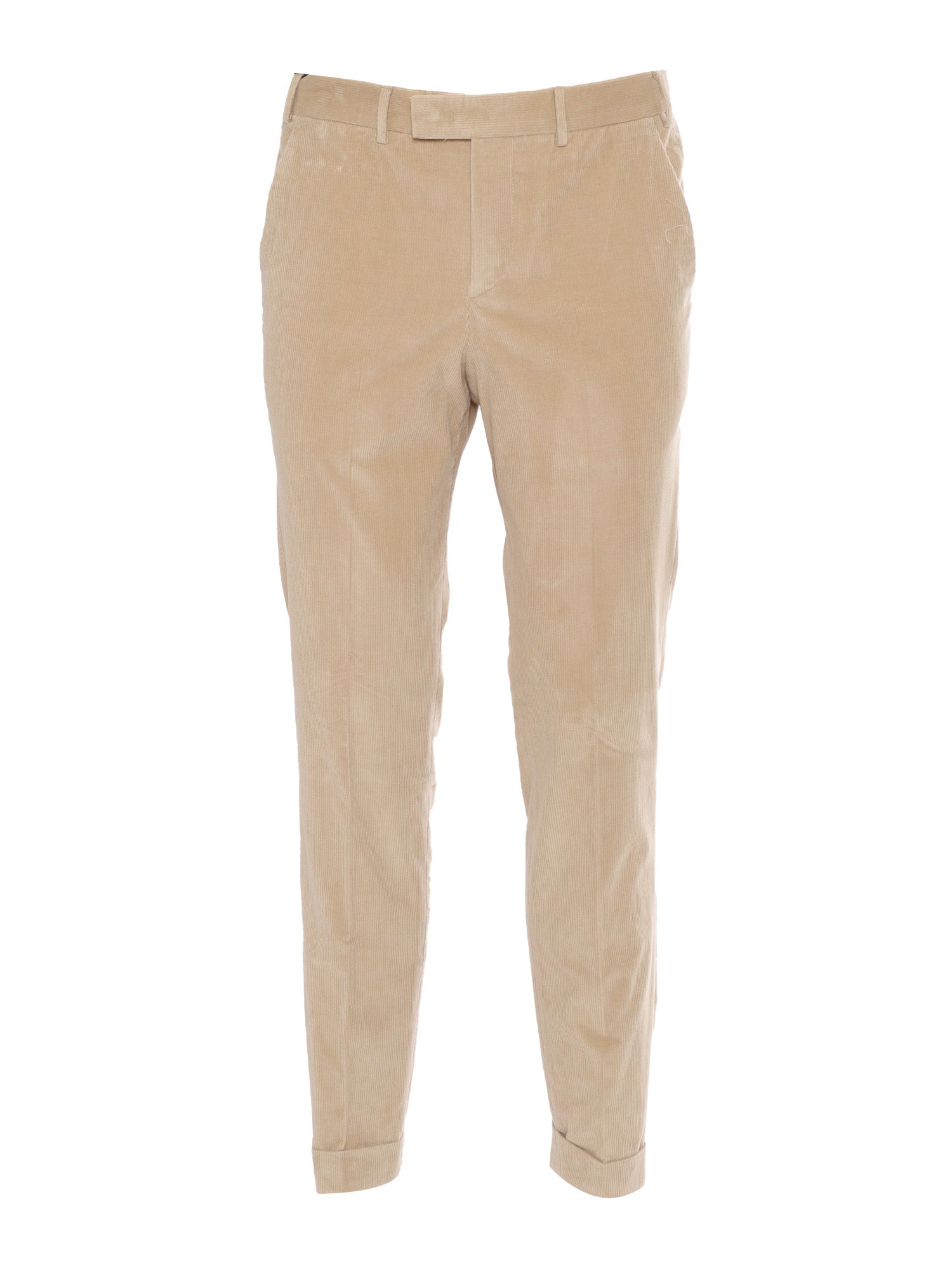 Master, Flat Front, Diagonal Pockets, Flap Back Turn-Up Beige Cotton Elastane Pant