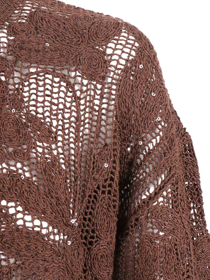 Duster Coat With Cornely Embroidery And Sequins Brown Cotton Polyamide