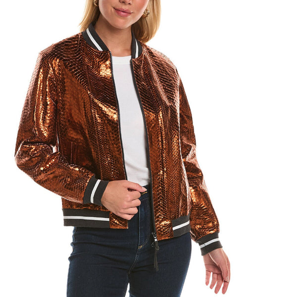 Brunello Cucinelli Womens Copper Leather Bomber Jacket Brown Clothing