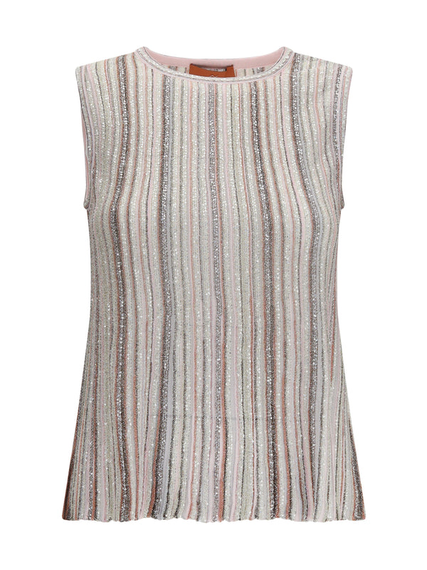 Sleeveless Ribbed Sequin Top Pink Tones Rayon Tops