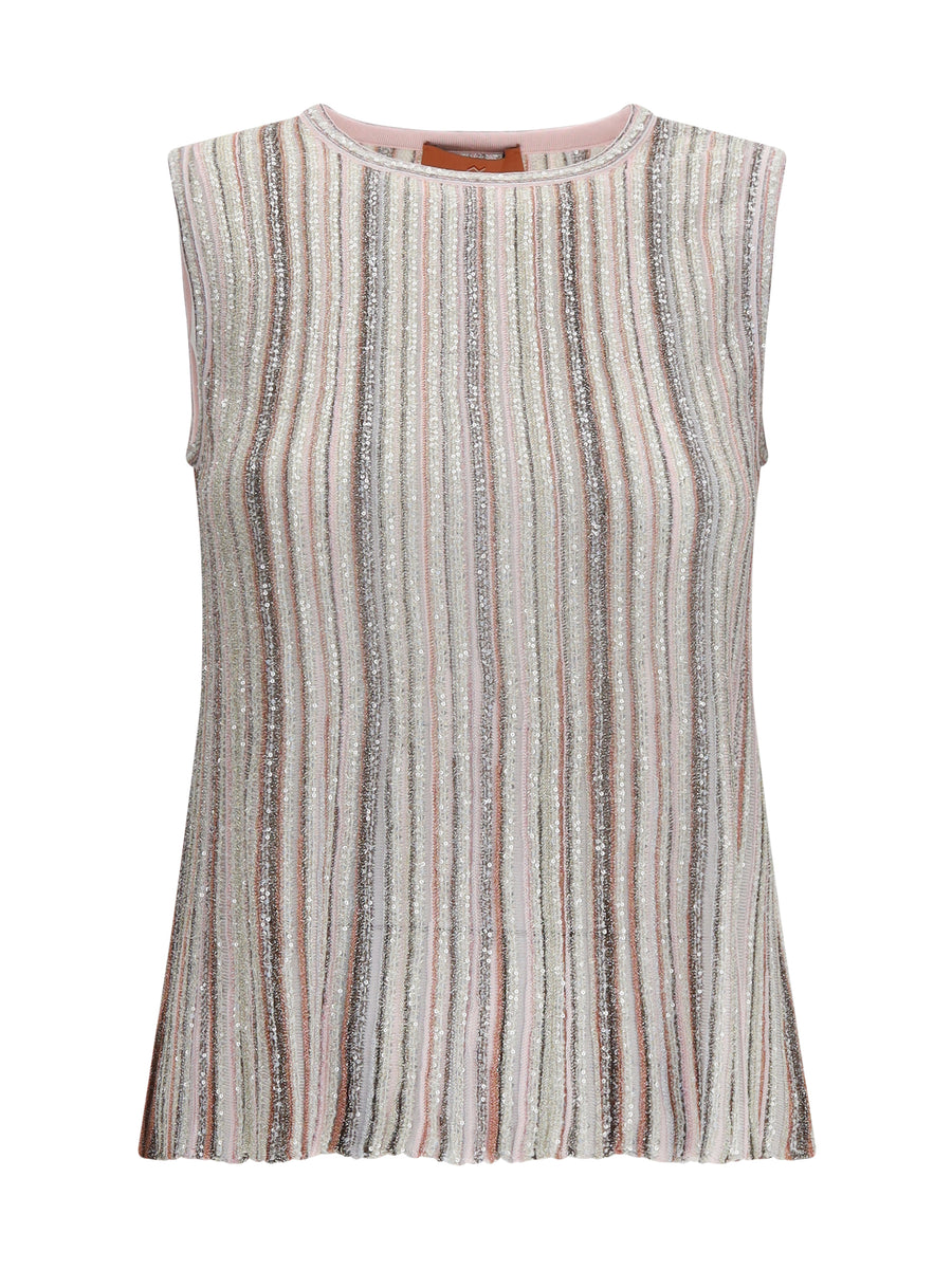 Sleeveless Ribbed Sequin Top Pink Tones Rayon Tops