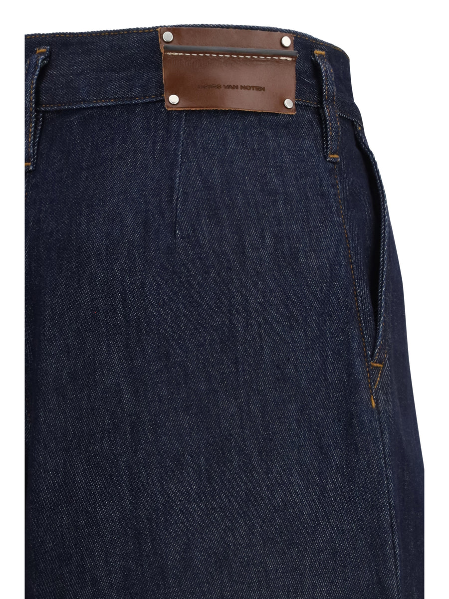 Wide-Leg Pleated Jeans Indigo Cotton Trousers