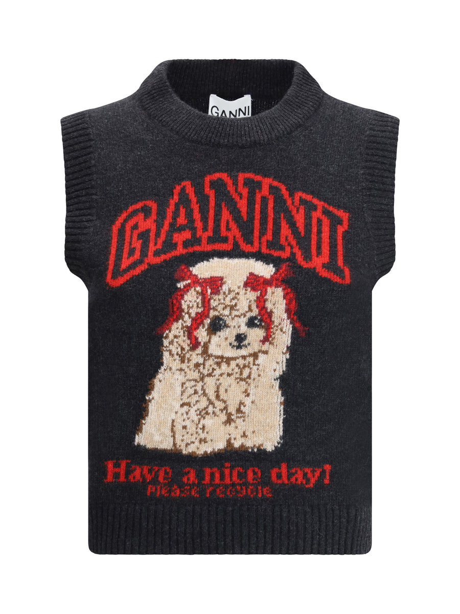 Graphic Wool Vest Black Sand Top