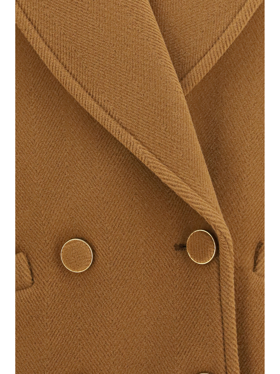 Double-Breasted Herringbone Short Coat Dusty Camel Merino Wool (ovis Aries)