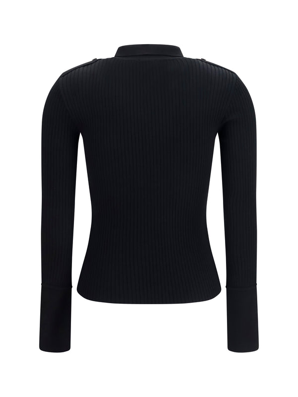 Polo Shirt Ribbed Knit Black Viscose Knitwear