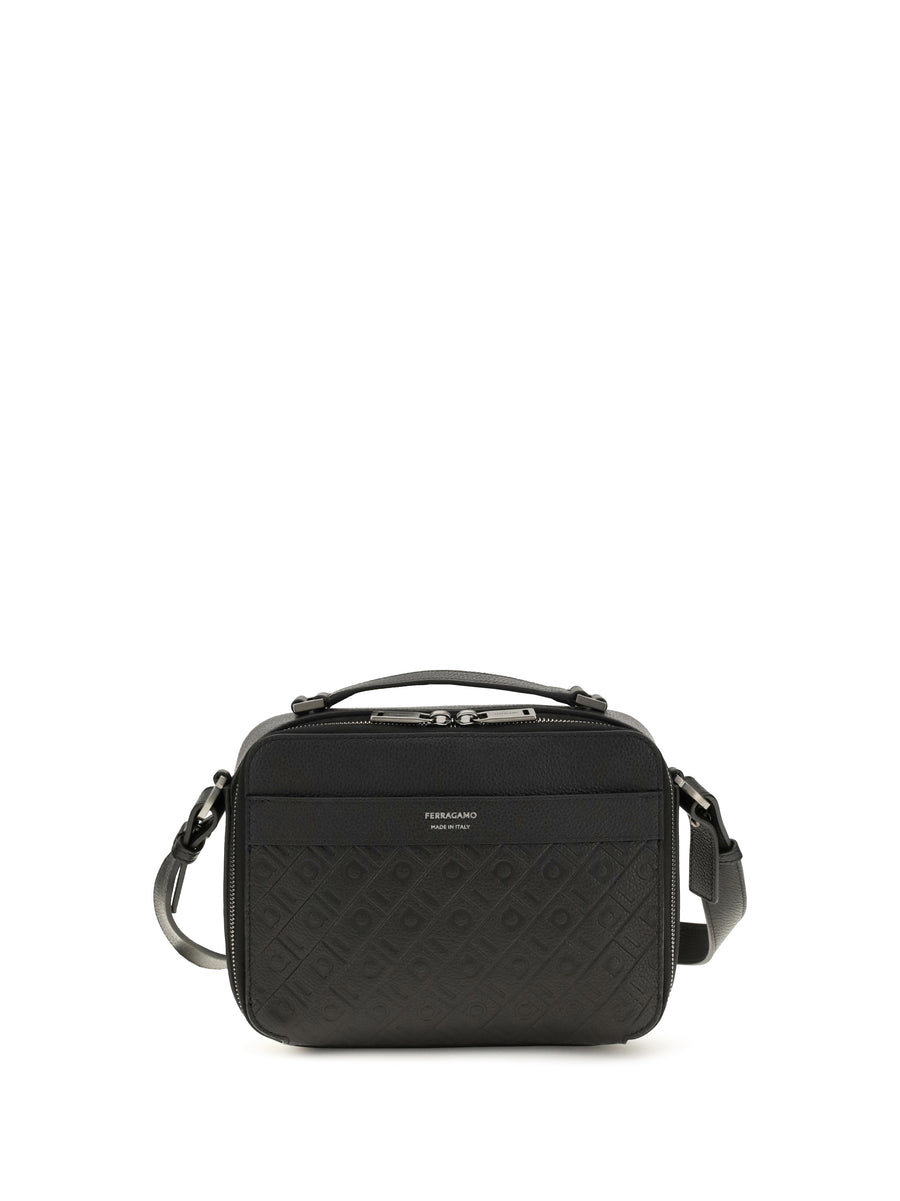 Leather Crossbody Bag With Embossed Gancini Pattern Black Calf Bos Taurus Shoulder