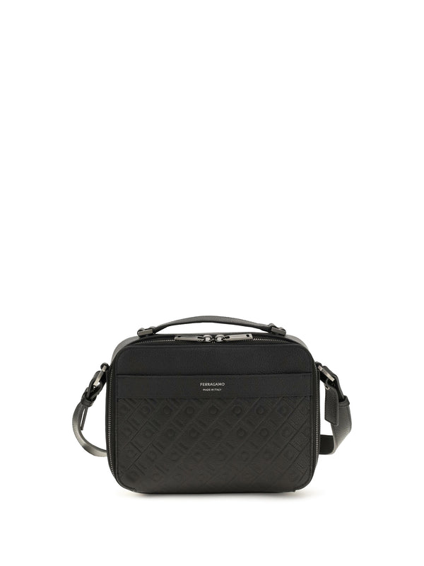 Leather Crossbody Bag Gancini Pattern Black Calf Shoulder