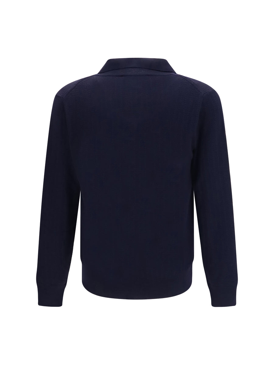 Polo Collar Sweater Navy Fleece Wool (ovis Aries)