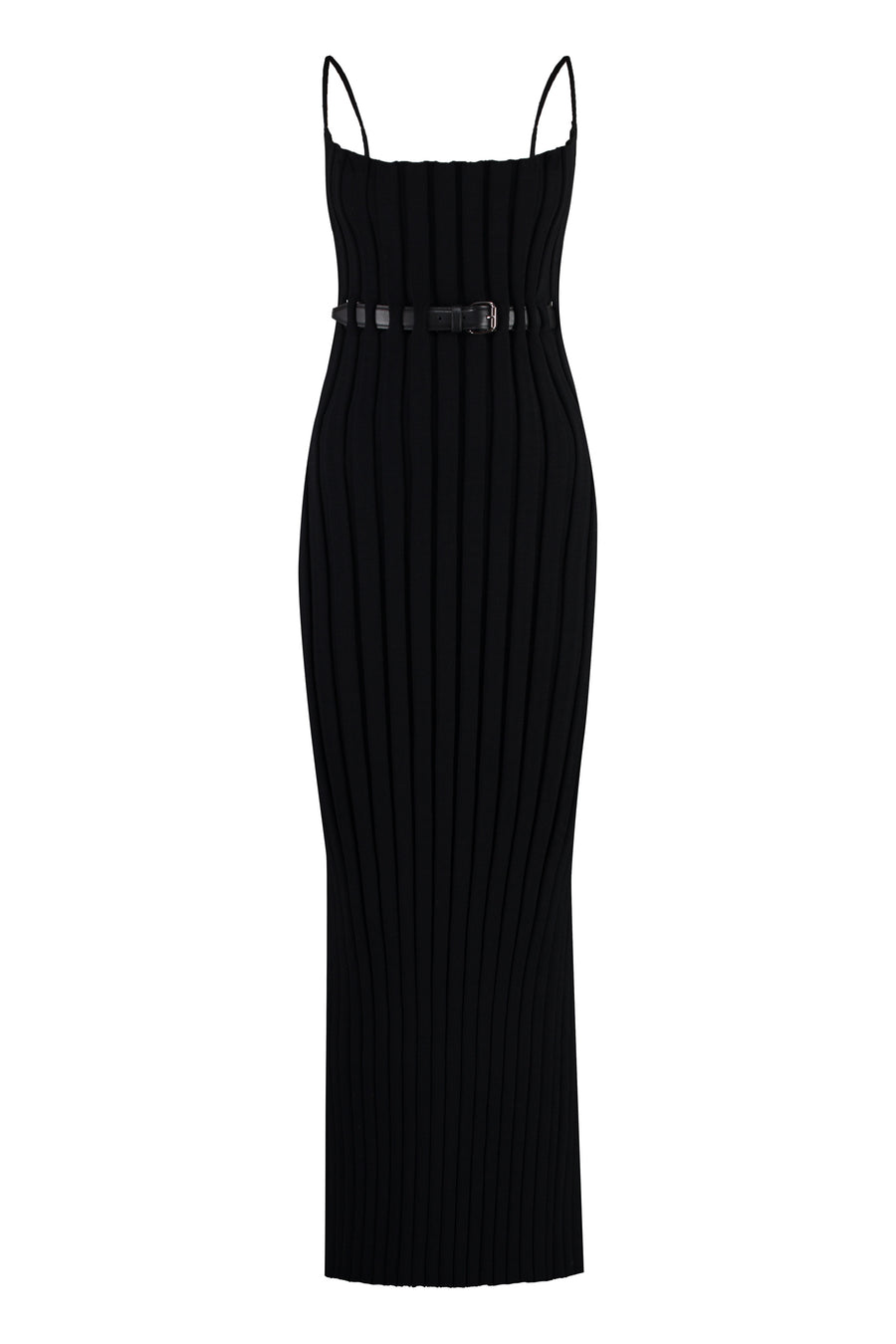 Knitted Dress With Leather Belt Black Polyamide