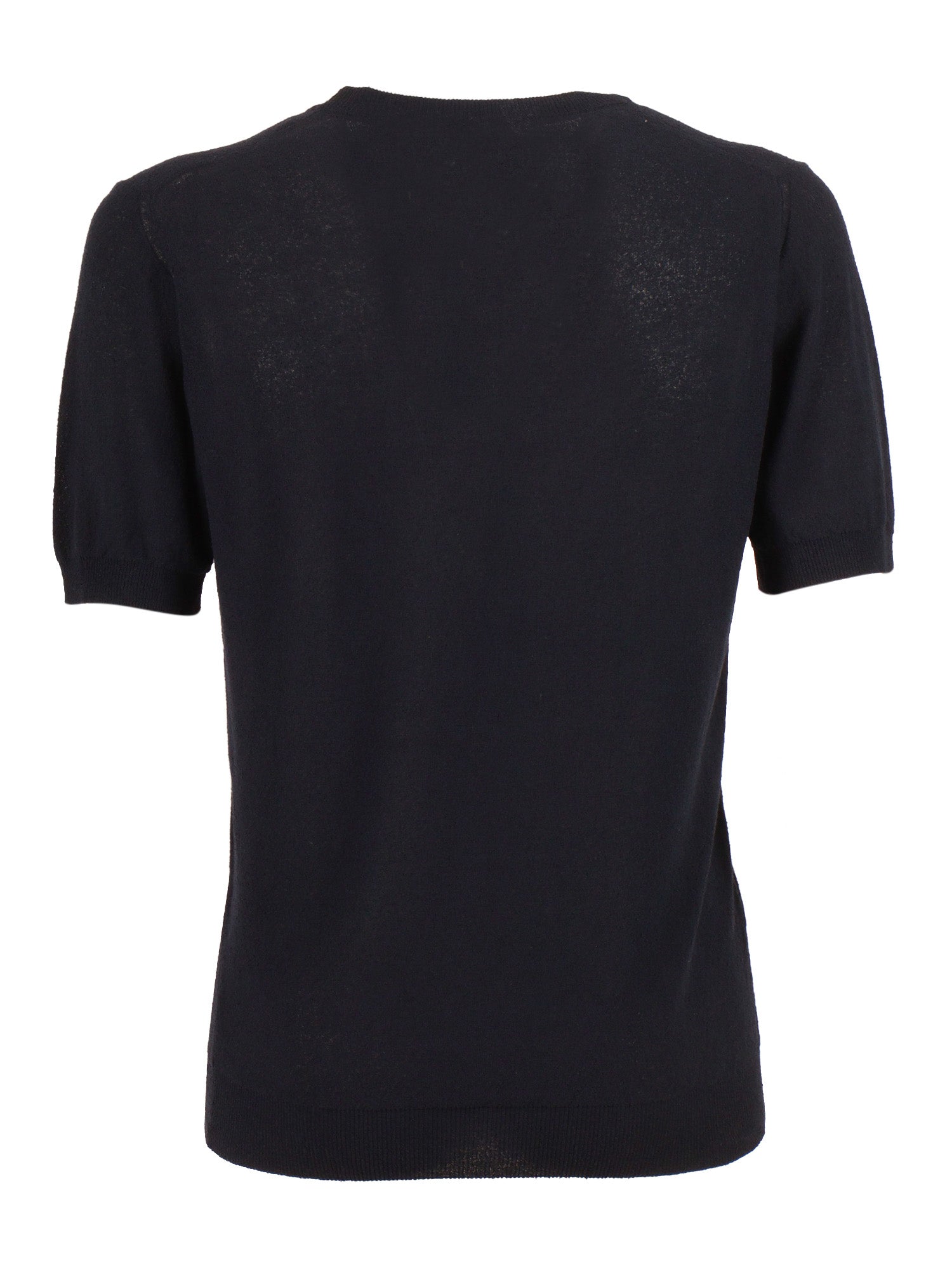 Short-Sleeved Fully-Fashioned Crew Neck Sweater Blue Cotton Polyamide Crewneck