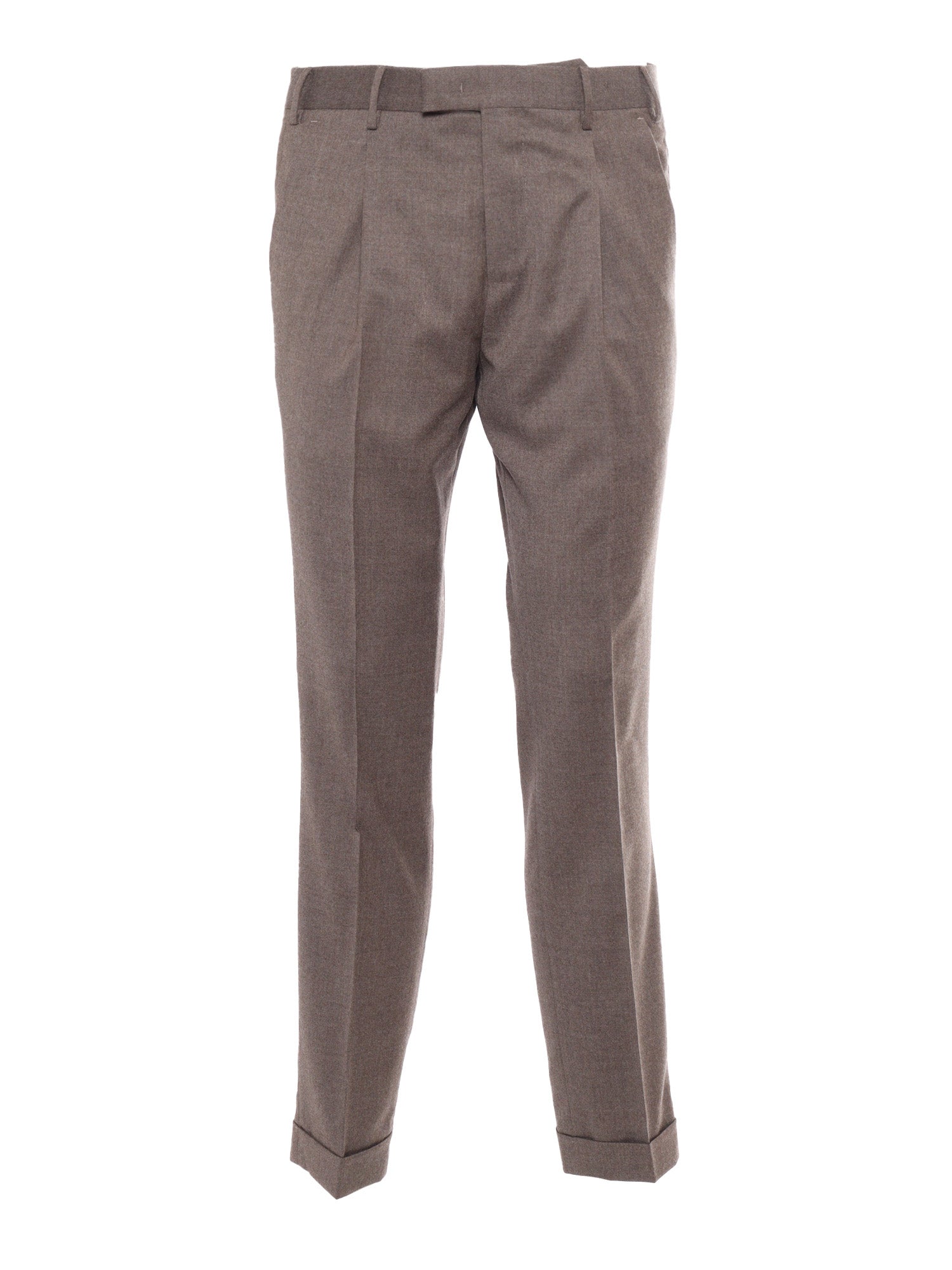 Master, 1 Pleat, Diagonal Pockets, Flap Back Turn-Up Brown Virgin Wool Elastane Pant