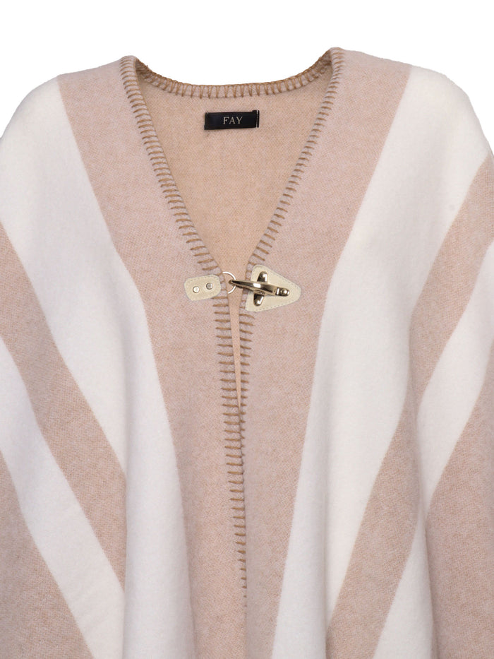 Two-Tone Poncho With Hook Beige Wool Polyamide
