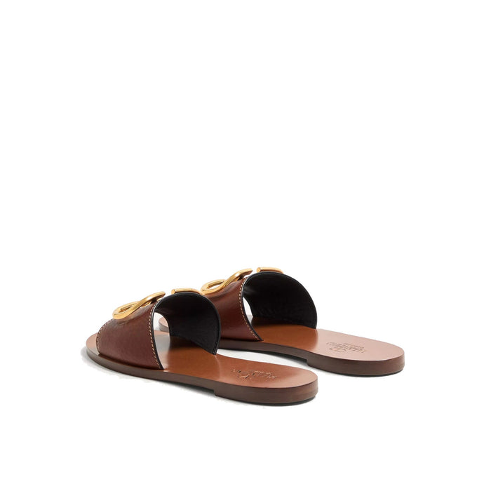 Valentino Garavani Vlogo Slide Sandals Brown Calf Leather