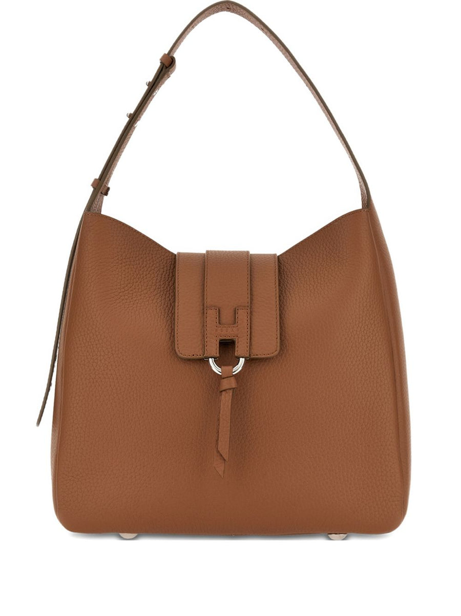 Hogan Pebble Grain Leather Shoulder Bag — Brown
