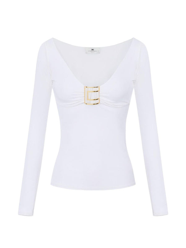 Elisabetta Franchi Gold-Plaque V-Neck Sweater — White