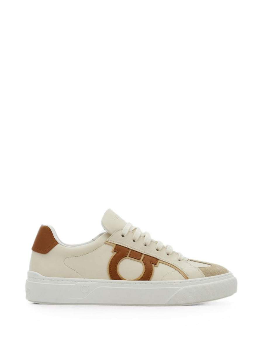 Ferragamo Gancini-Detailed Calfskin Sneaker — Cream