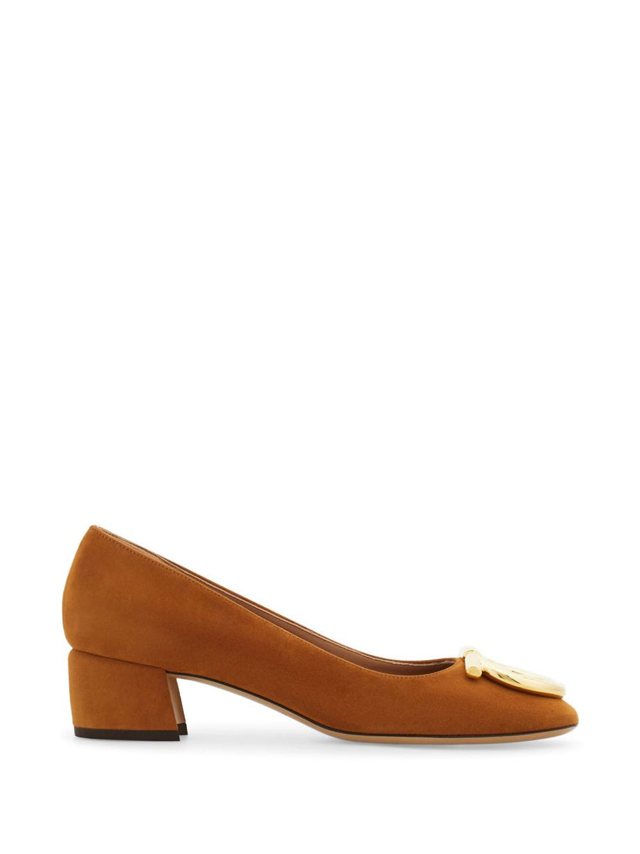 Ferragamo Suede Leather Block Heel Pump — Caramel