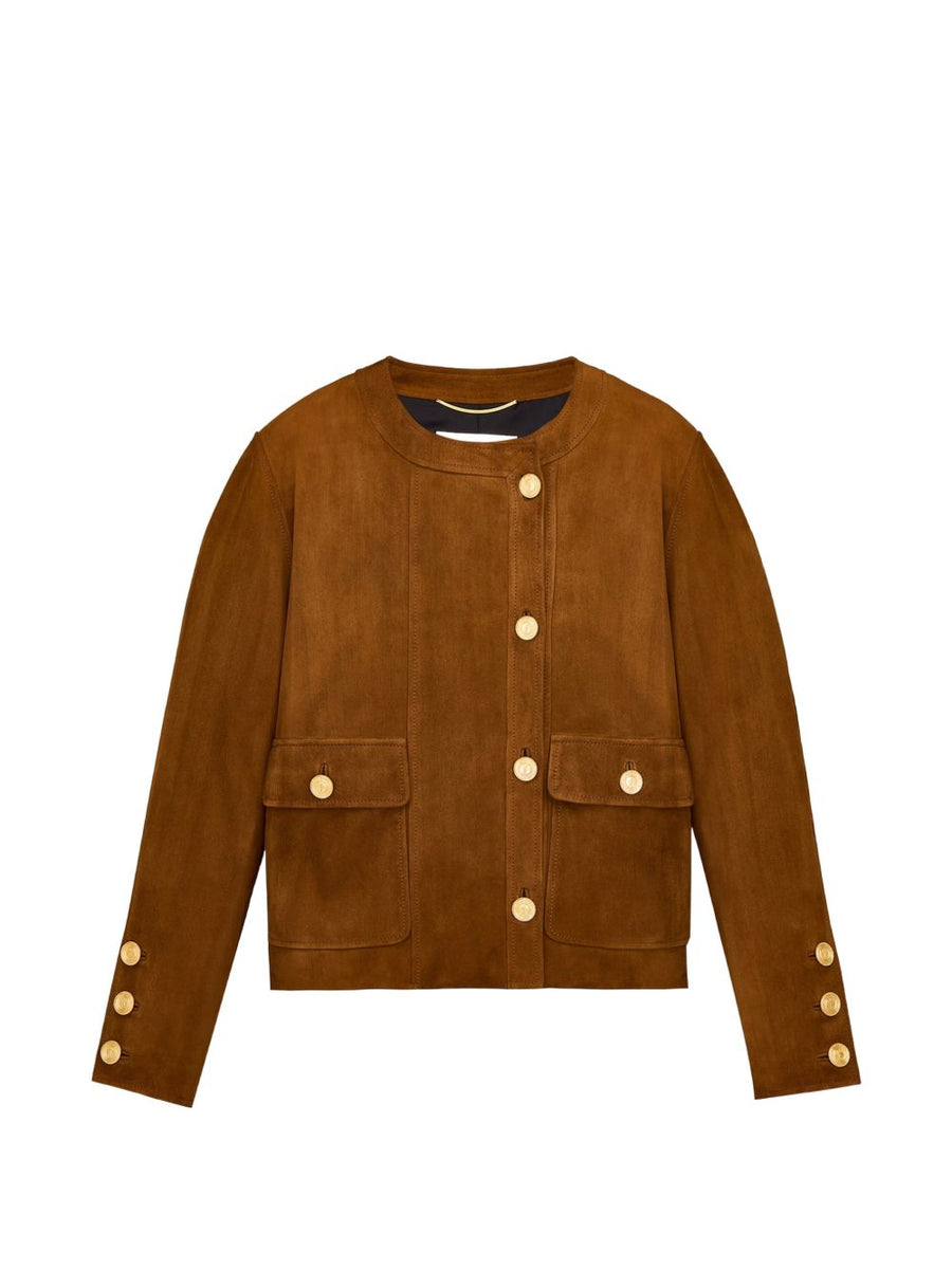 Saint Laurent Button-Front Suede Jacket — Cognac