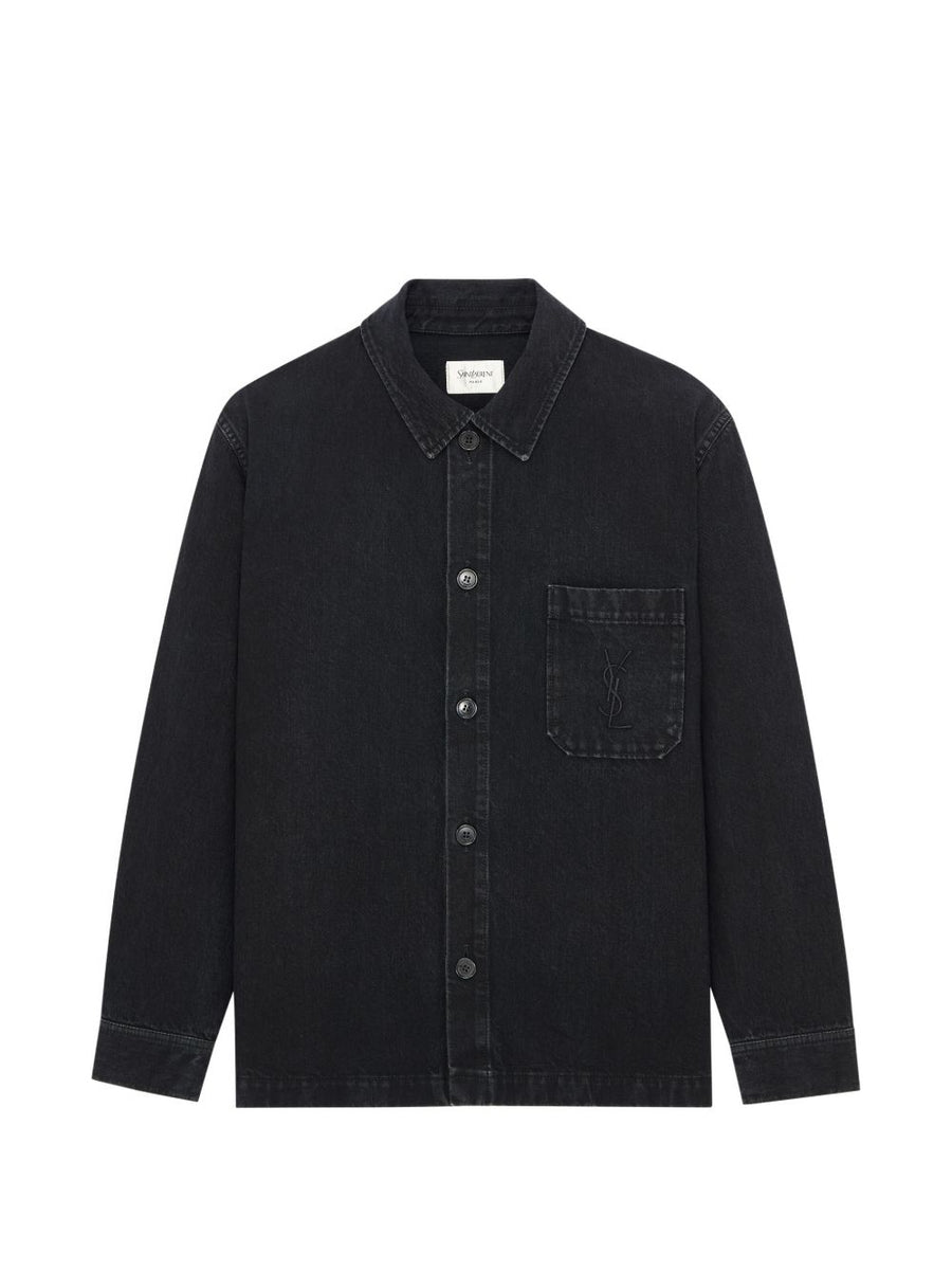 Saint Laurent Logo-Embroidered Denim Overshirt — Black