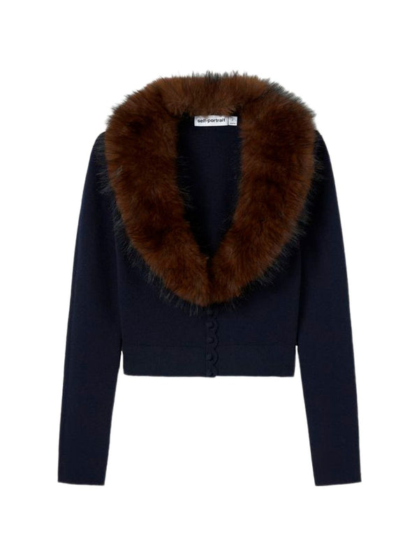 Self-Portrait Fur-Collar Cardigan — Navy