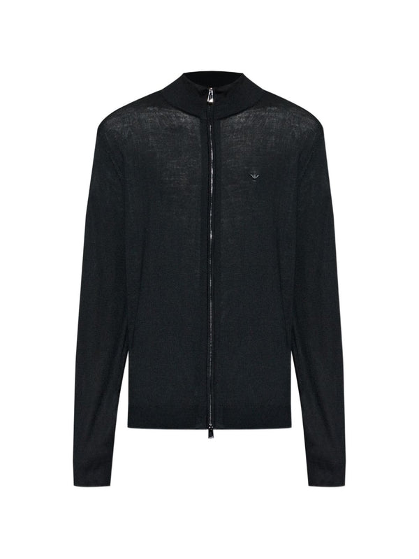 Emporio Armani Logo-Embroidered Wool Cardigan — Black