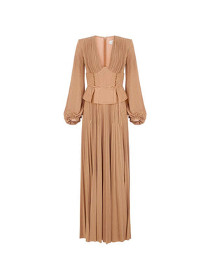 Elisabetta Franchi Pleated Lamé Jersey Dress — Beige
