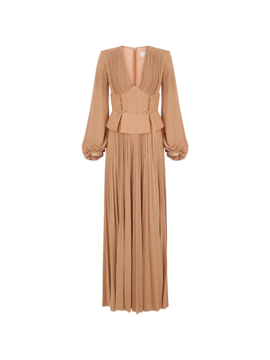 Elisabetta Franchi Pleated Lamé Jersey Dress — Beige
