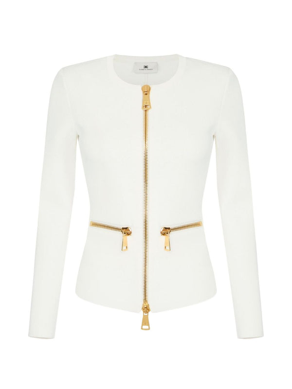 Elisabetta Franchi Golden Zip-Detail Milano Knit Cardigan — Cream