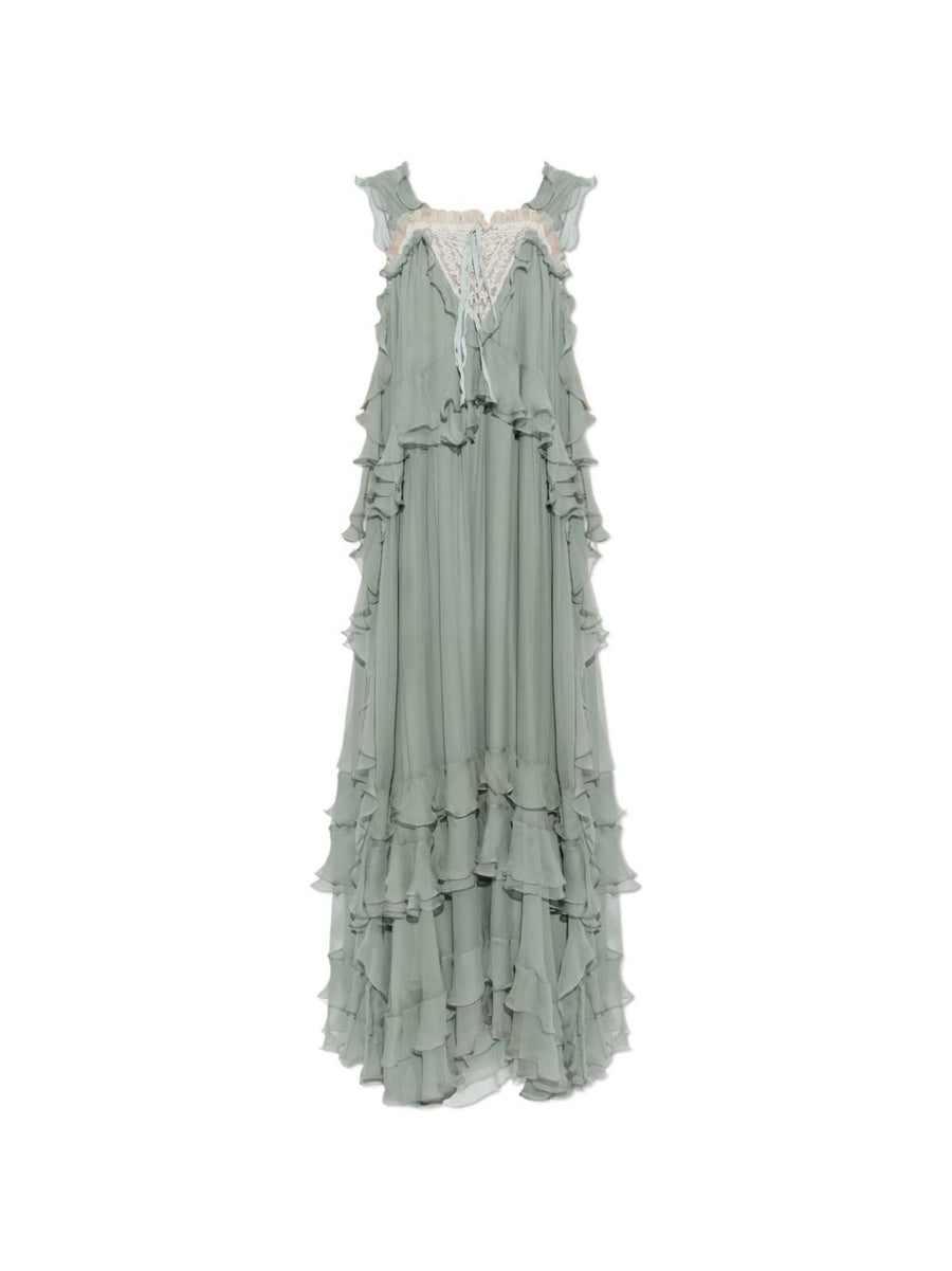 Chloé Ruffled Silk-Mousseline Maxi Dress — sage