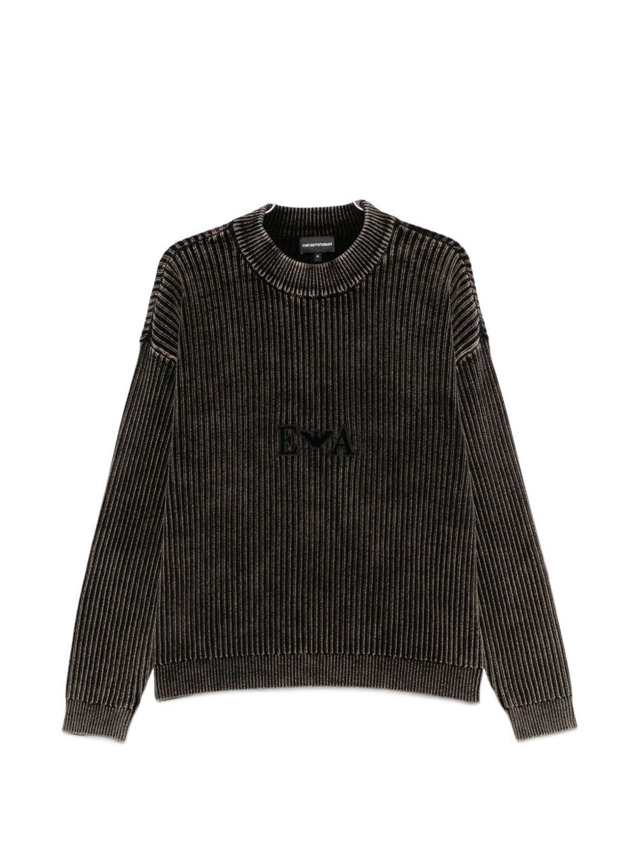 Emporio Armani Logo-Embroidered Ribbed Knit Sweater — Brown