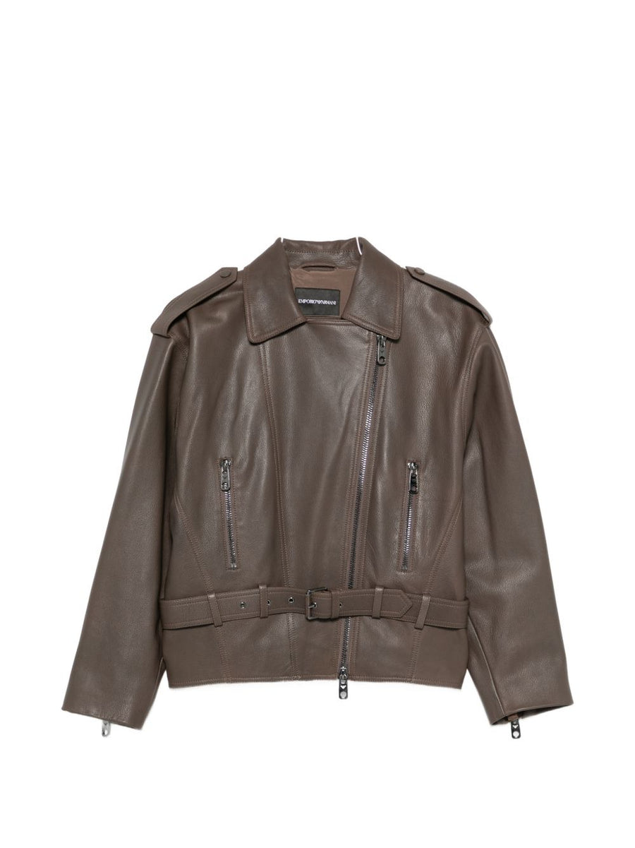 Emporio Armani Leather Notched-Lapel Leather Jacket — Brown