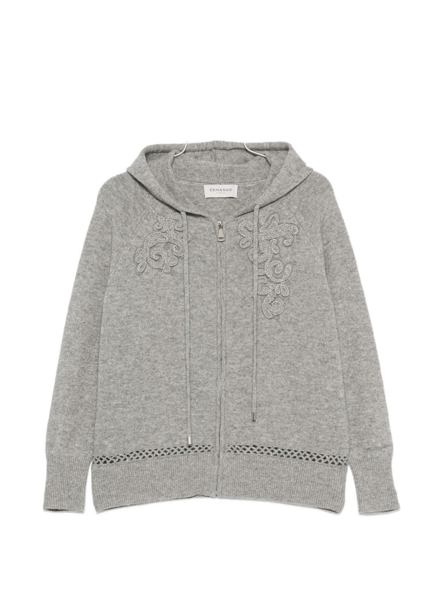 Ermanno Firenze Floral-Embroidered Knit Hoodie — grey