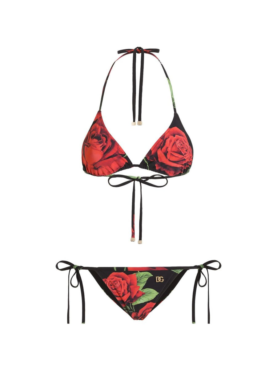 Dolce & Gabbana Rose Print Triangle Bikini — Black