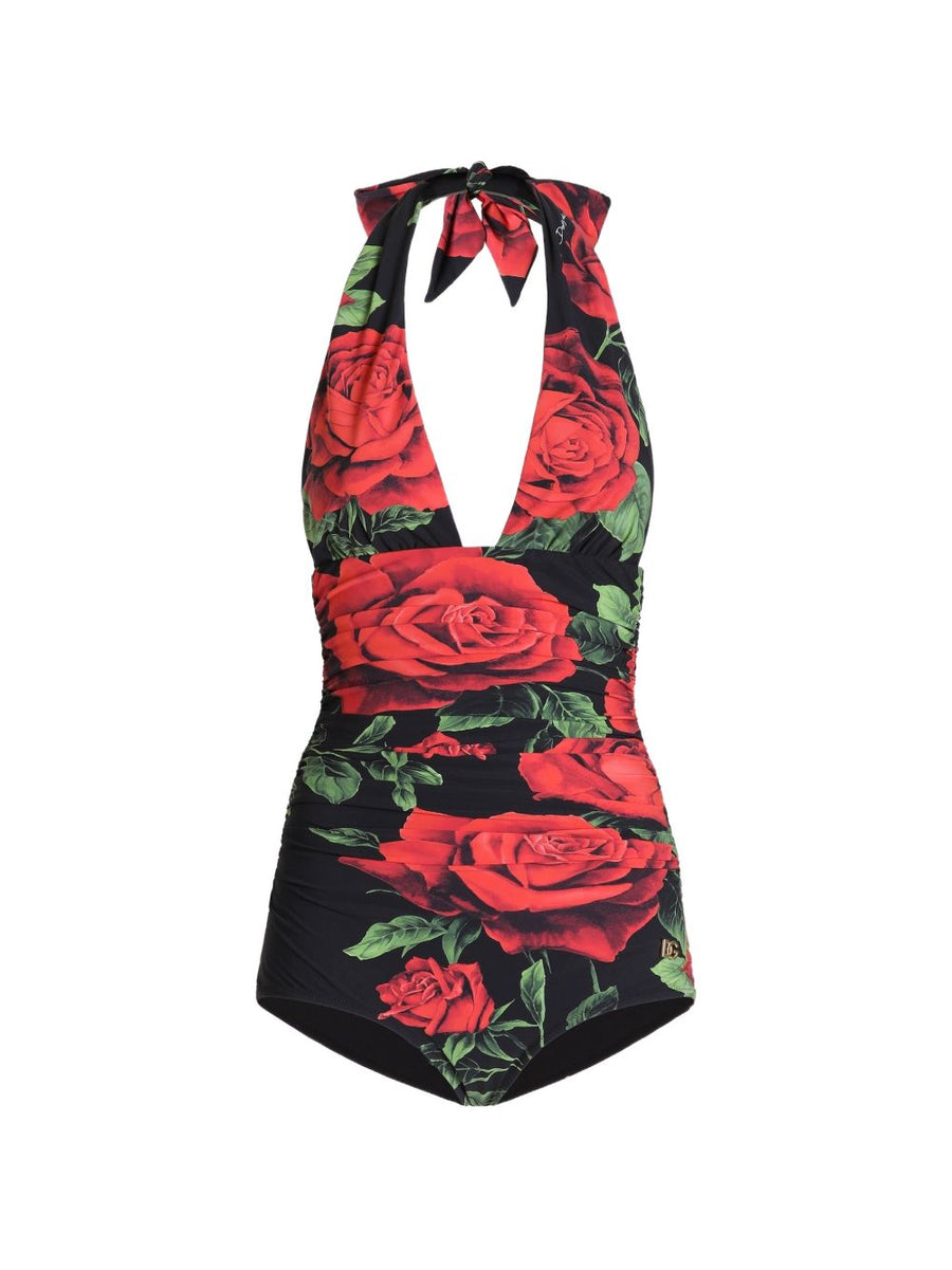 Dolce & Gabbana Rose-Print One-Piece Swimsuit — Black