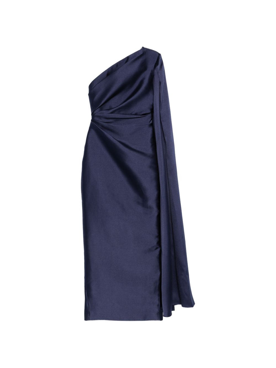 Solace London One-Shoulder Cape Dress — Navy