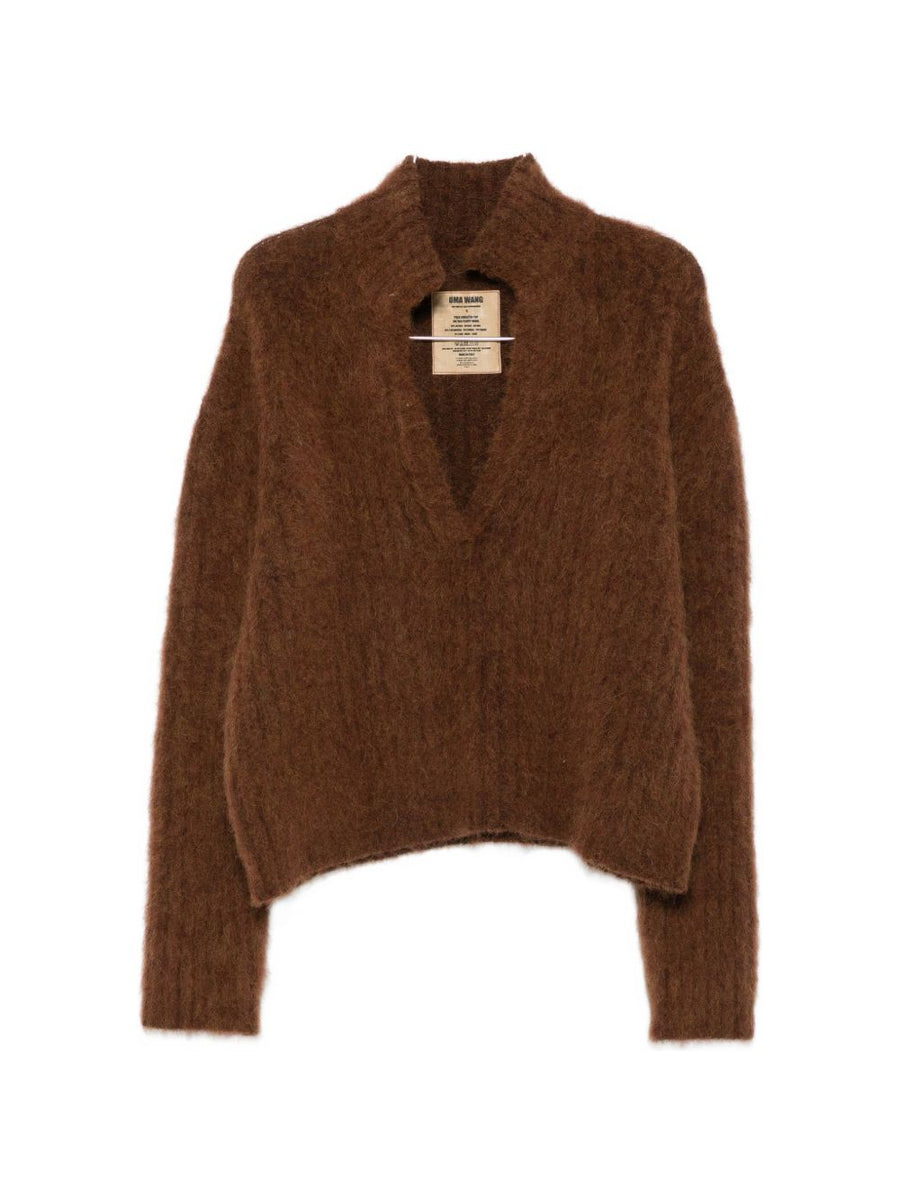 Uma Wang Brushed Wool Blend V-Neck Sweater — Brown