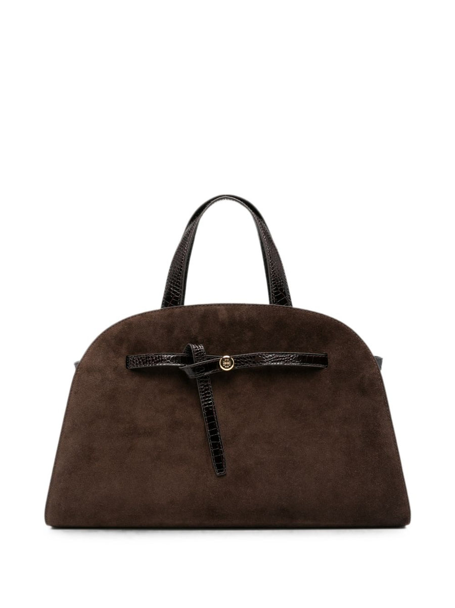 Tory Burch Suede with Crocodile-Effect Trim Top Handle Bag — Brown