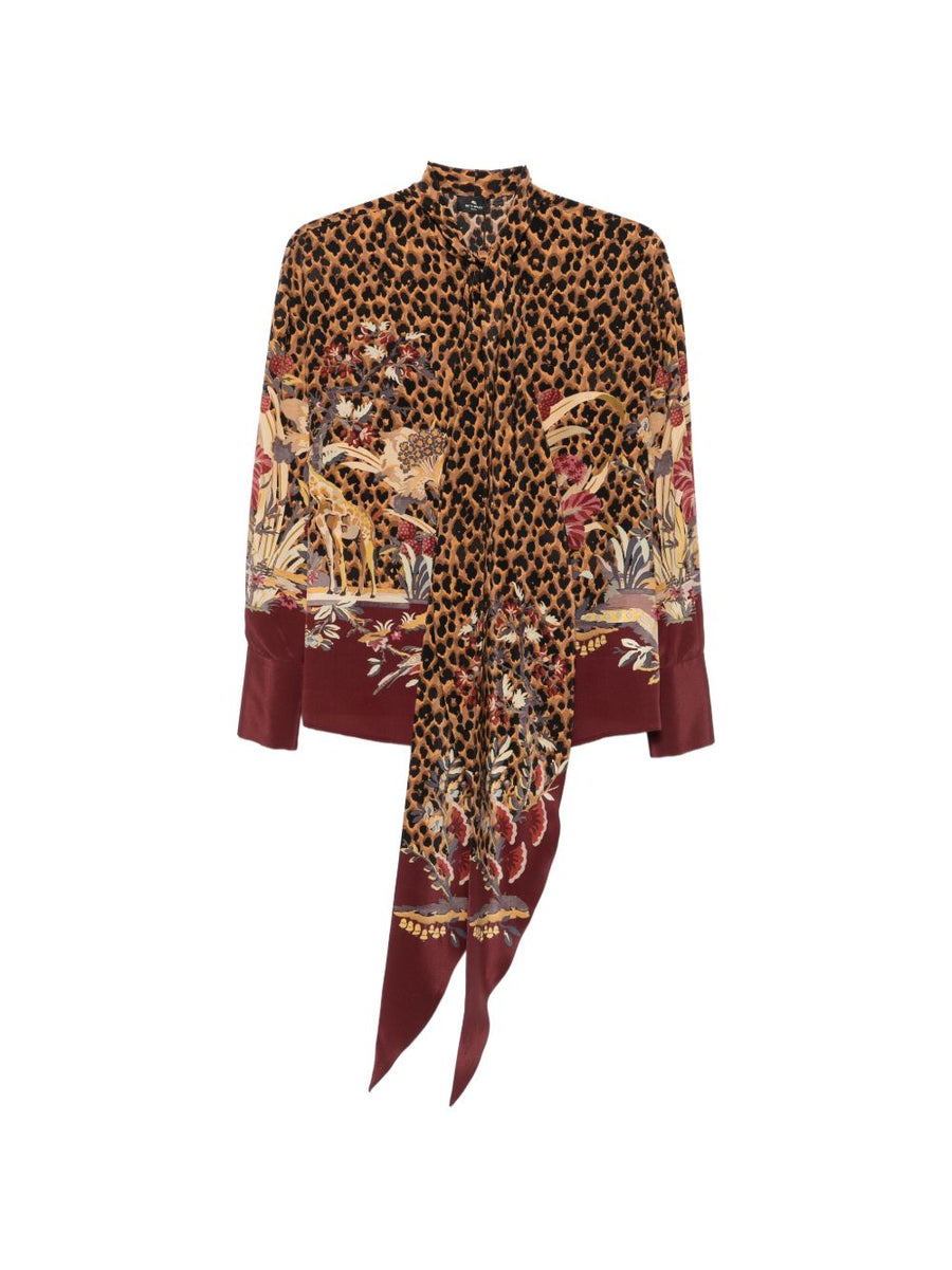 Etro Leopard-Print Silk Shirt — Brown