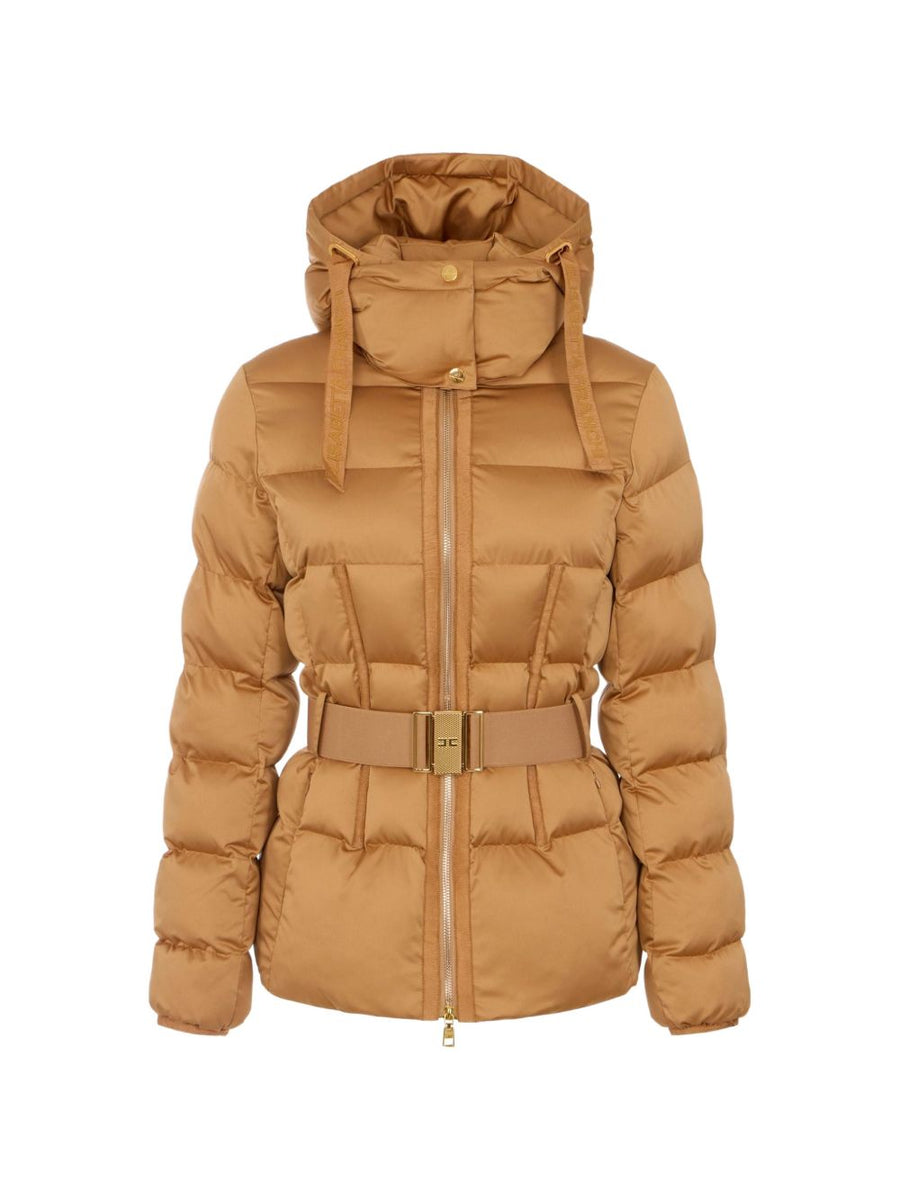 Elisabetta Franchi Belted Quilted Down Jacket — Beige