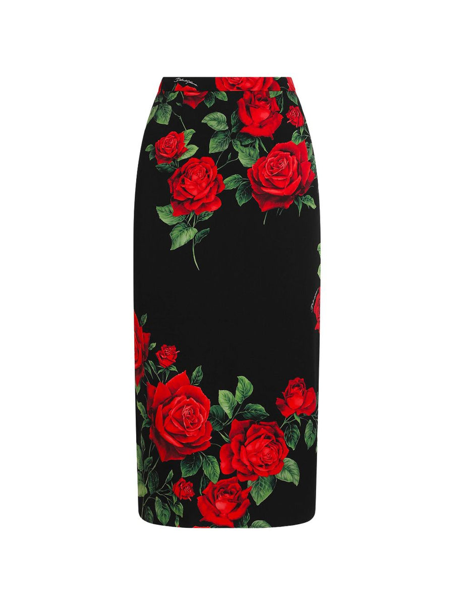 Dolce & Gabbana Rose Print Silk Skirt — Black