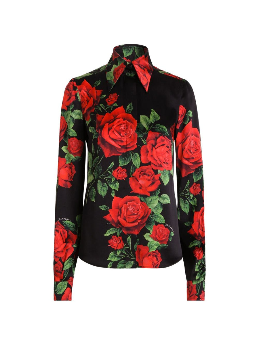 Dolce & Gabbana Rose-Print Silk Shirt — Black