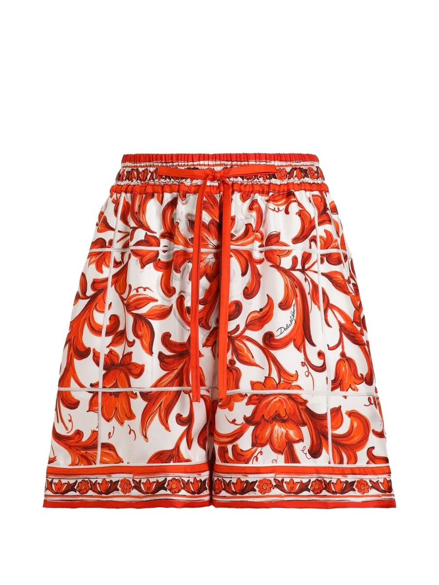 Dolce & Gabbana Majolica-Print Silk Bermuda Shorts — Orange