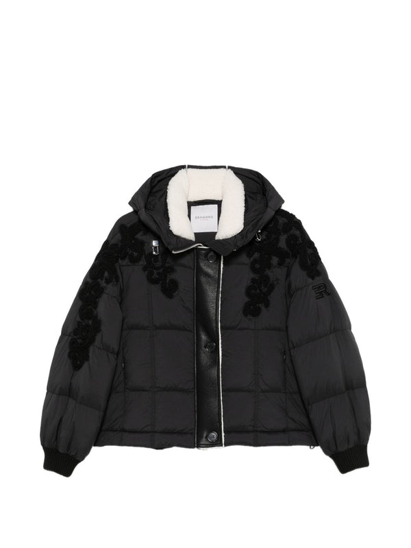 Ermanno Firenze Floral-Appliqué Quilted Down Jacket — Black