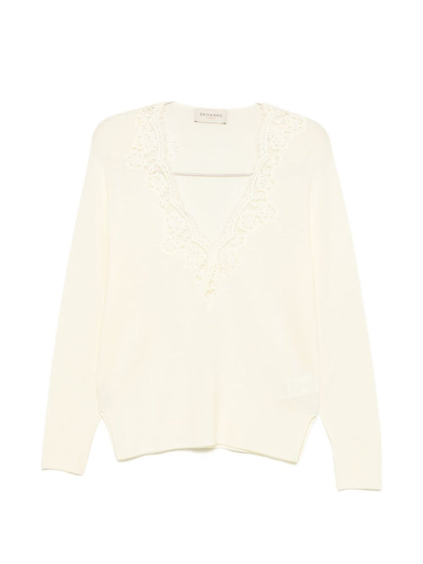 Ermanno Firenze Lace-Trim V-Neck Sweater — White