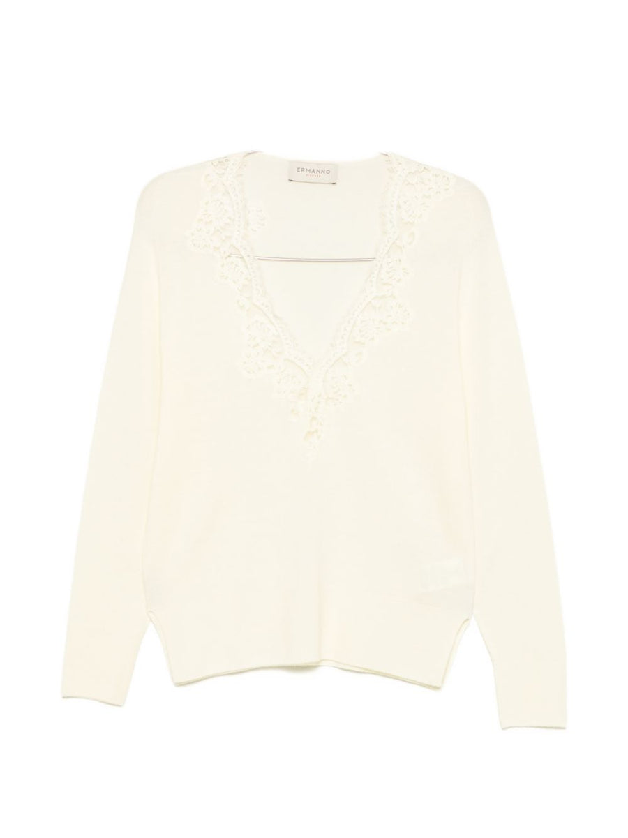 Ermanno Firenze Lace-Trim V-Neck Sweater — White